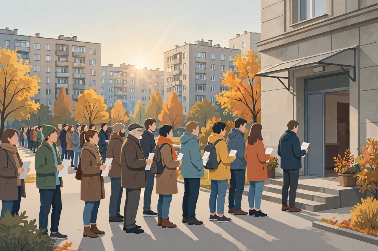 Editorial illustration of a long queue of voters outside a polling station in Belgrade on election morning