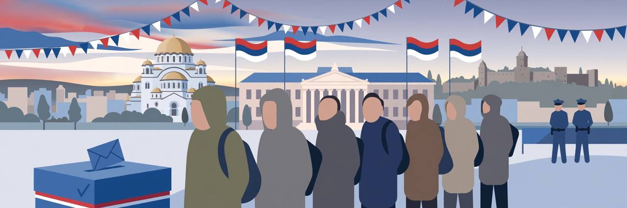 Editorial illustration of a ballot box and generic voters in Belgrade with police standing watch in the distance, flat style, no text, no real person depicted