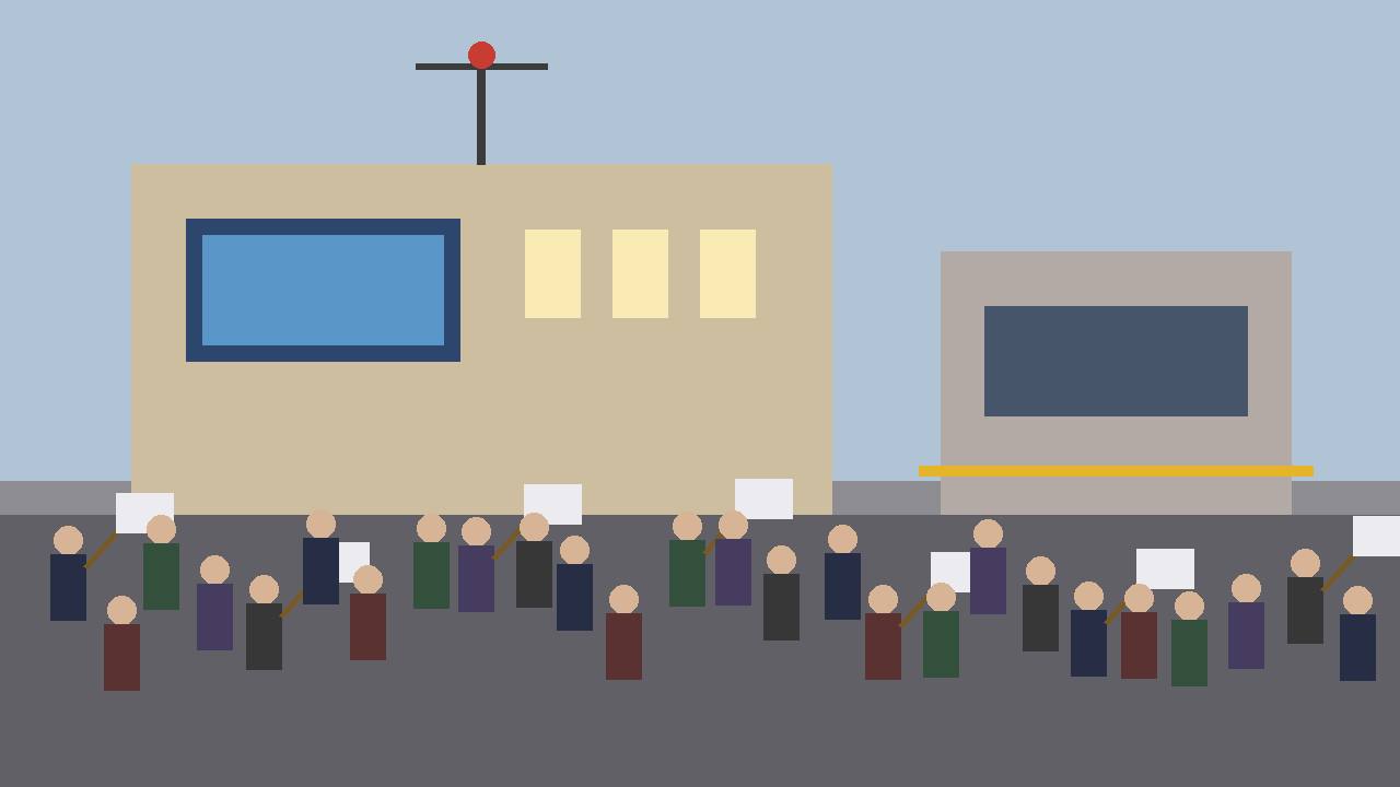 Editorial illustration of a television station building and a crowd in the street outside a second station cordoned off by police