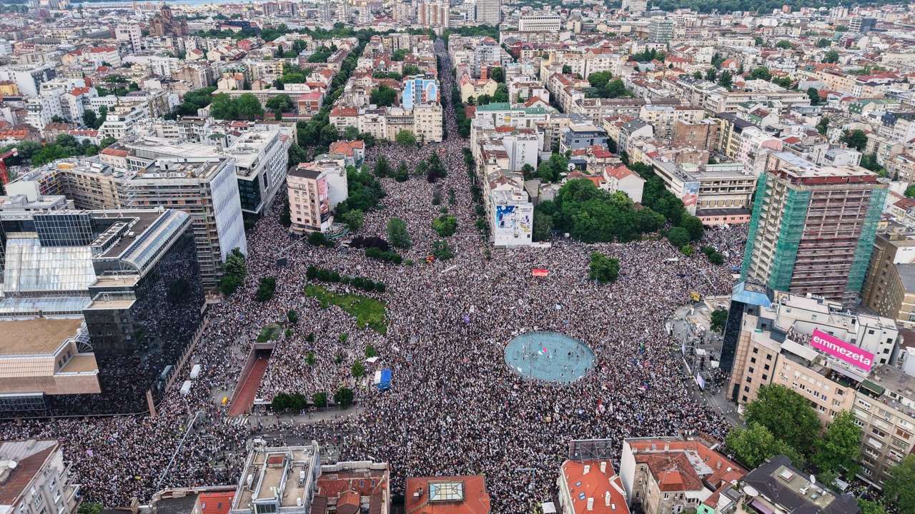 A huge crowd fills Slavija Square in Belgrade during a student-led protest