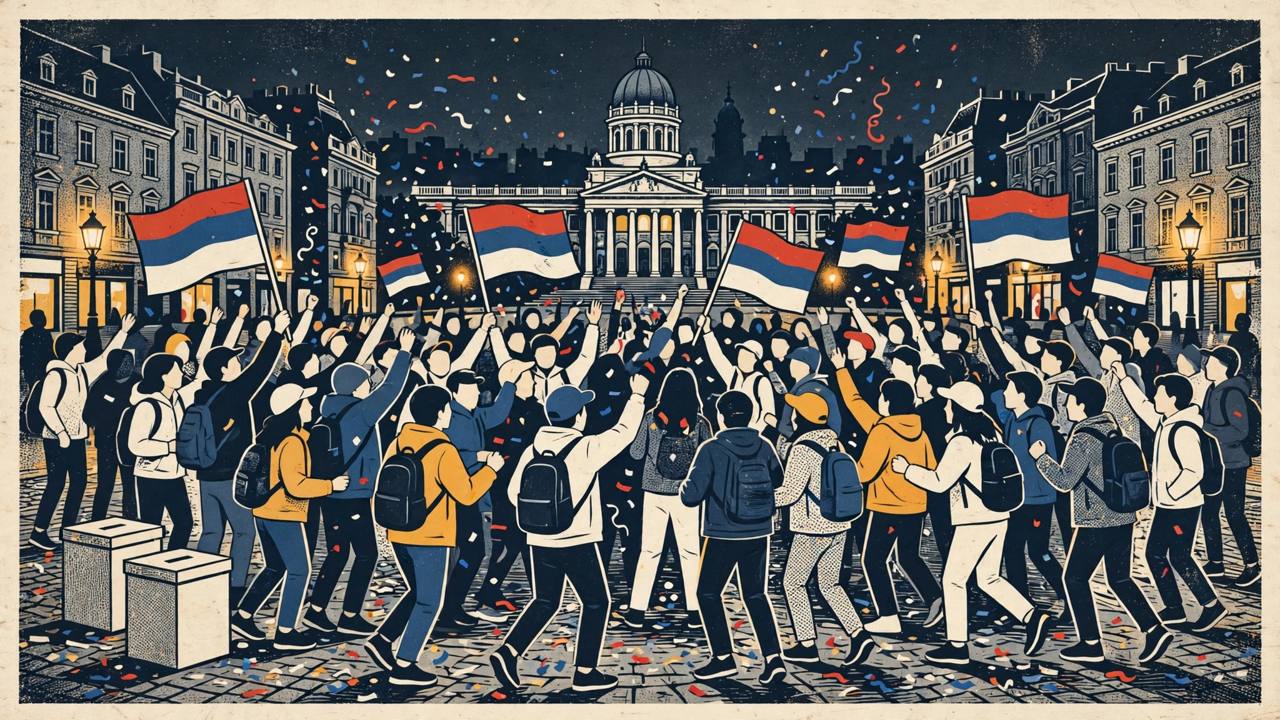 Editorial illustration of students celebrating in a Belgrade square at night with flags, ballot boxes and a parliament silhouette