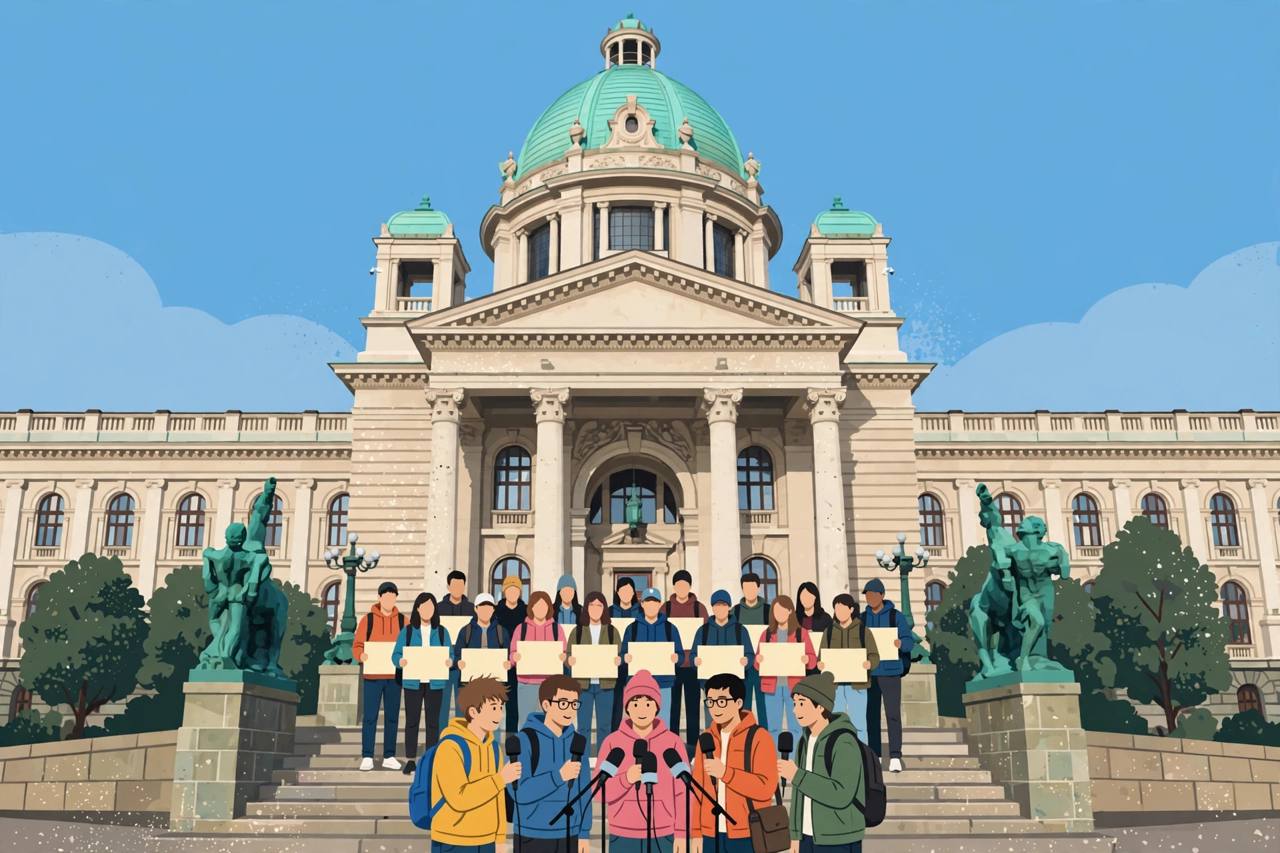 Editorial illustration of generic young students holding a press conference with microphones and blank placards on the steps of the National Assembly building in Belgrade