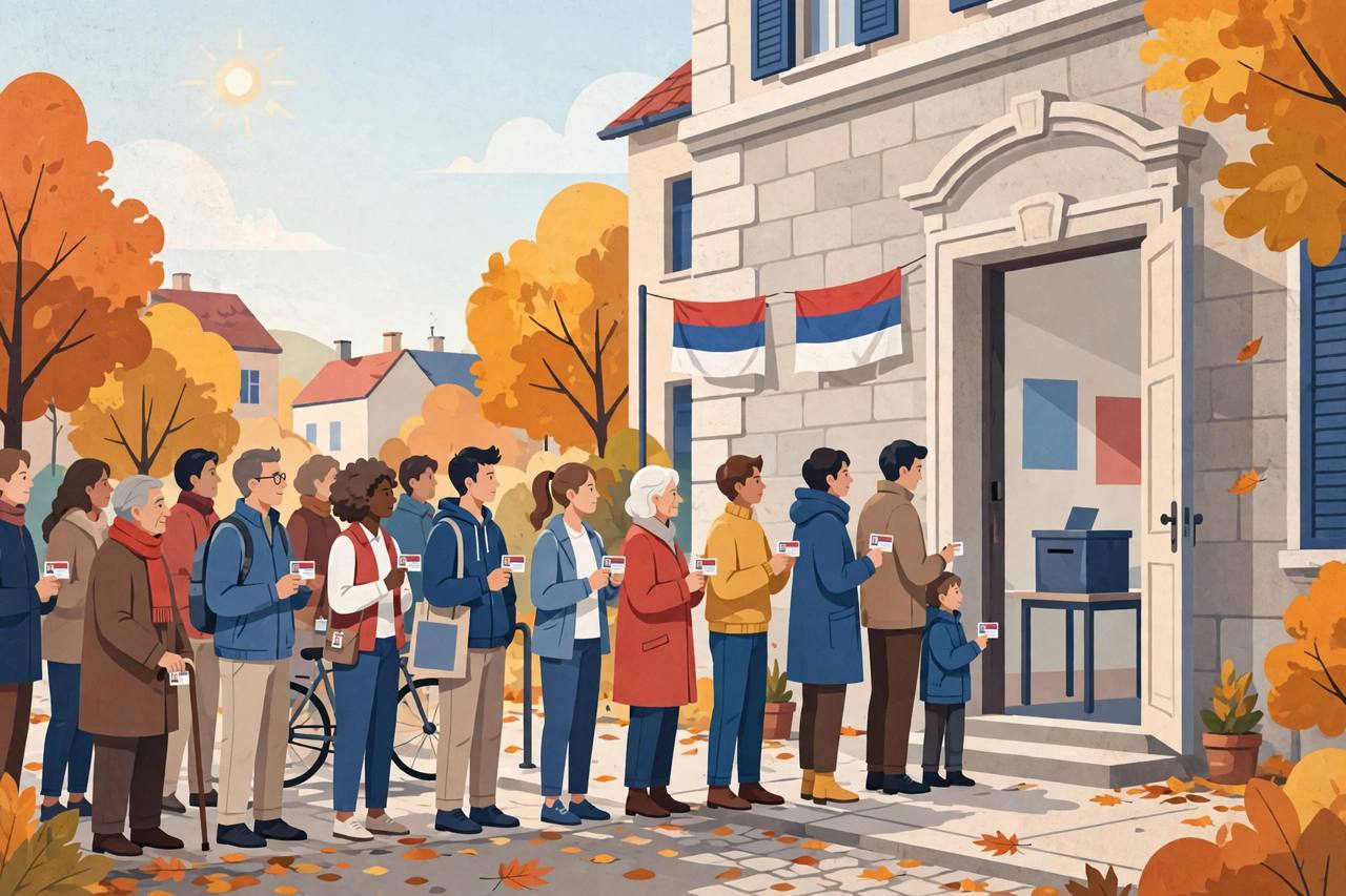 Editorial illustration of generic voters queuing outside a polling station in a Serbian city on an autumn morning — flat style, generic figures only, no real person depicted