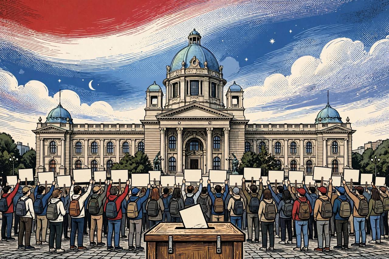 Editorial illustration of a generic parliament building in Belgrade at dusk with a crowd of young student protesters holding blank placards and a ballot box in the foreground - flat style, no real person shown