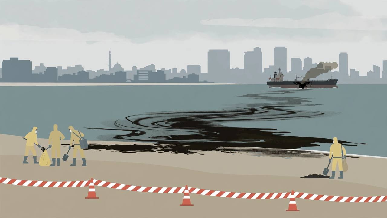 Editorial illustration of a closed Sharjah beach with barrier tape, an oil slick at sea and cleanup crews on the sand