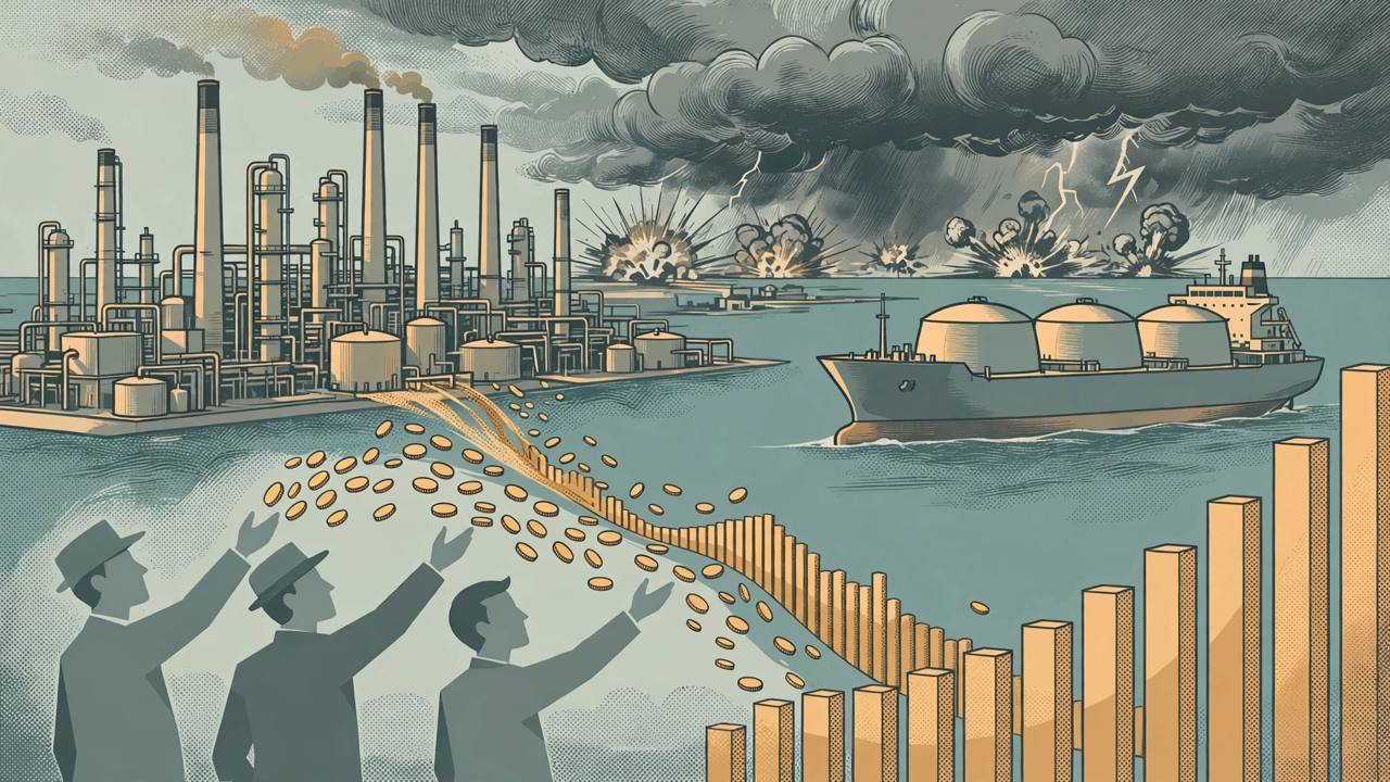 Flat editorial illustration of an oil refinery and an LNG tanker at sea, with rising gold profit bars and coins flowing toward shareholder figures in the foreground and war storm clouds on the horizon