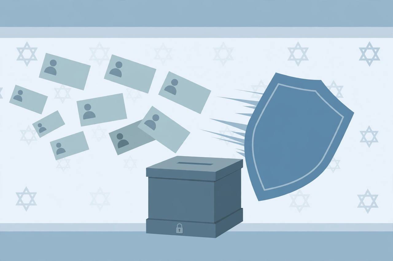 Editorial illustration of generic social-media profile cards being swept away from a ballot box by a shield symbol — no real person depicted