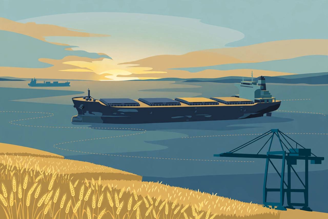 Editorial illustration of a grain cargo ship sailing on the Black Sea at dawn with wheat fields and a port crane in the foreground