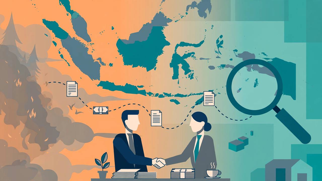 Editorial illustration of two generic diplomats shaking hands over a map of Indonesia and Singapore, with forest-fire smoke and a trail of documents