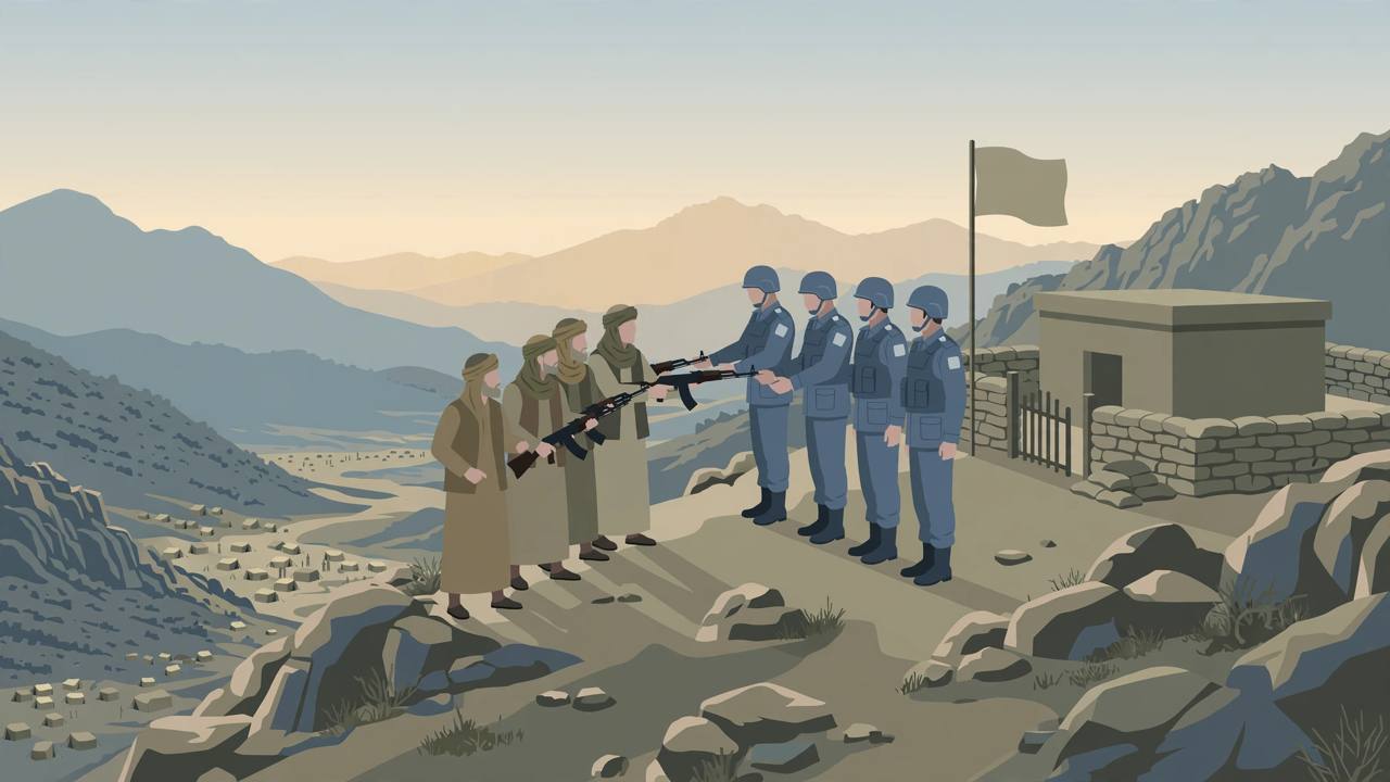 Editorial illustration of generic fighters handing over a hilltop post to federal soldiers at a ceremony on a rocky mountain ridge