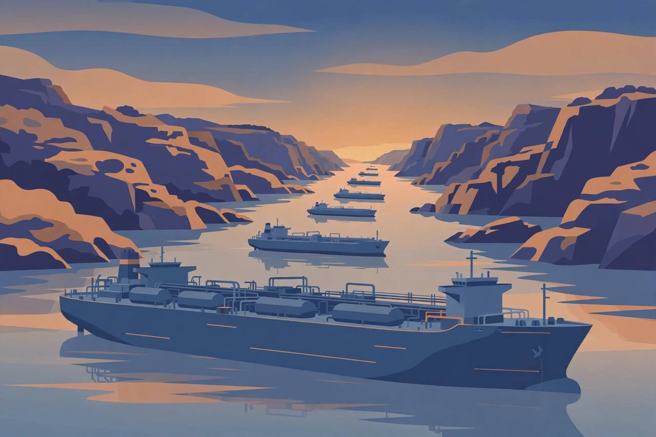 Editorial illustration of generic oil supertankers in line in a narrow strait at dusk — no real vessel, company or place depicted