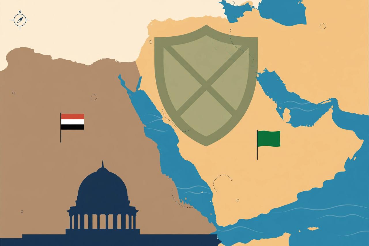 Editorial illustration of a stylised map of the Red Sea and Gulf with a defensive shield over the Arabian coastline, generic figures and a parliament dome in Cairo