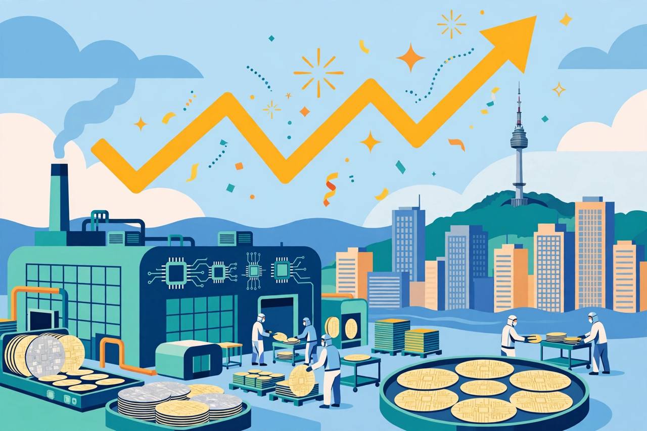 Editorial illustration of a semiconductor factory and memory chips in Seoul with a rising stock-market arrow over office towers
