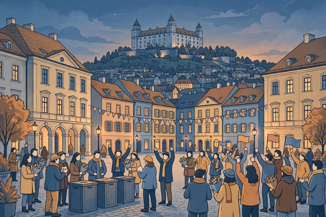 Editorial illustration of generic voters in a European city square with a castle on a hill at dusk after local election results
