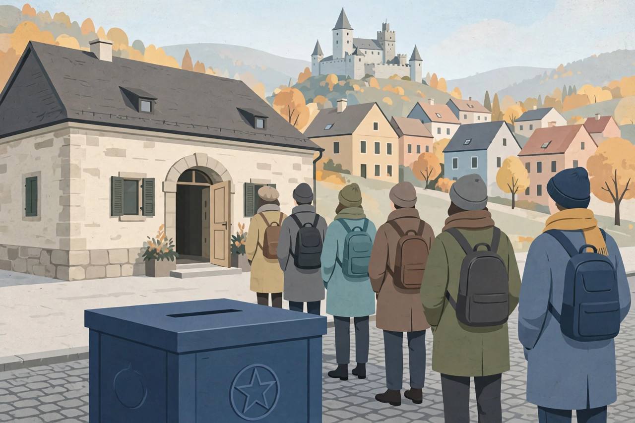 Editorial illustration of generic voters queuing at a Central European polling station with a ballot box and a hilltop castle behind