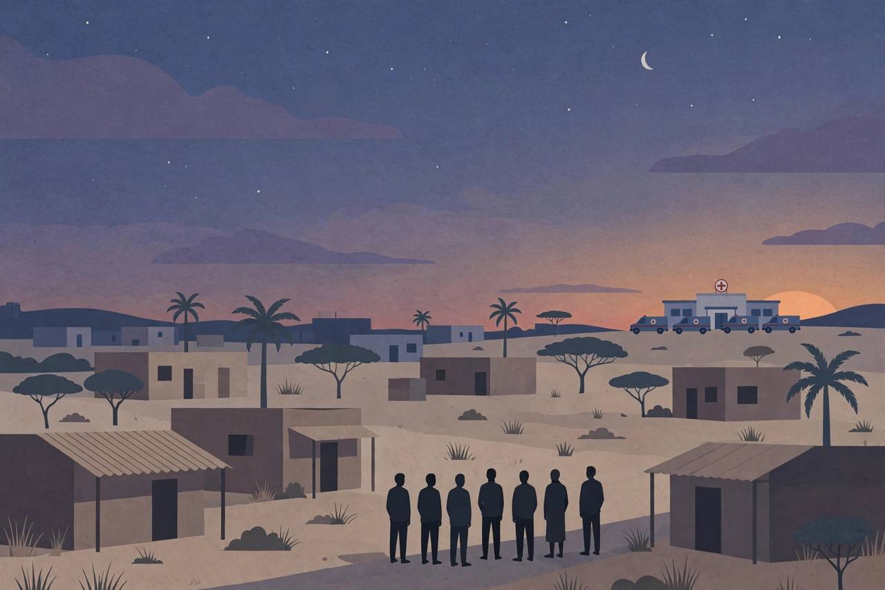 A somber southern Somalia town at dusk with a hospital in the distance (editorial illustration)