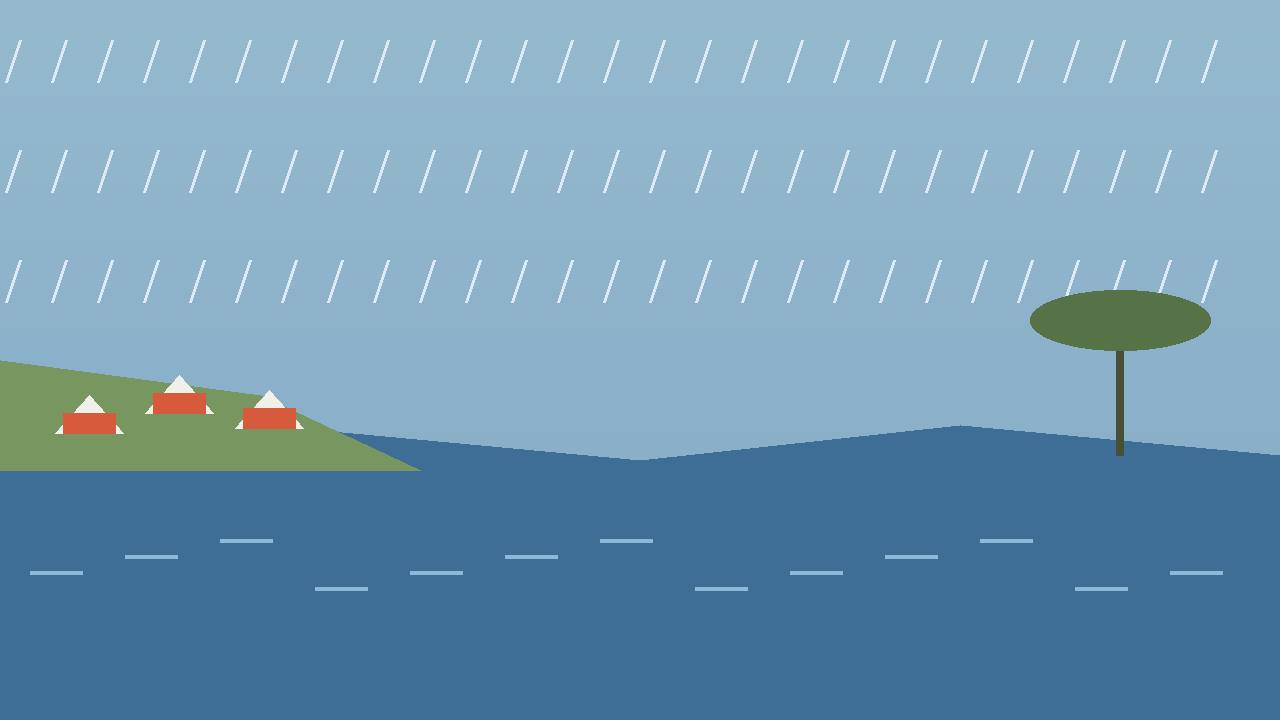 Editorial illustration of a rising river beside high ground with relief tents under rain, no people in distress shown