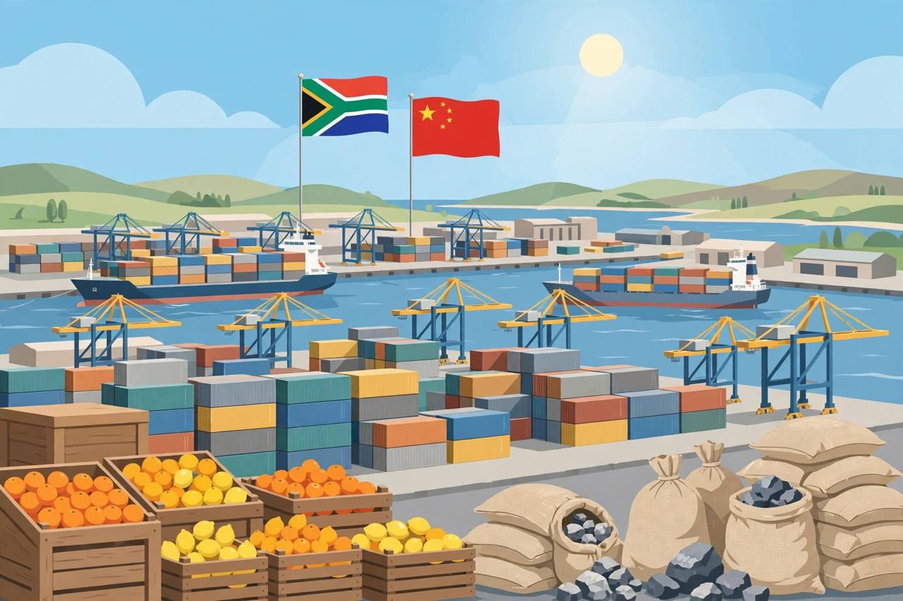 Editorial illustration of a container port with cargo ships, containers, citrus crates and mineral sacks, no real person depicted