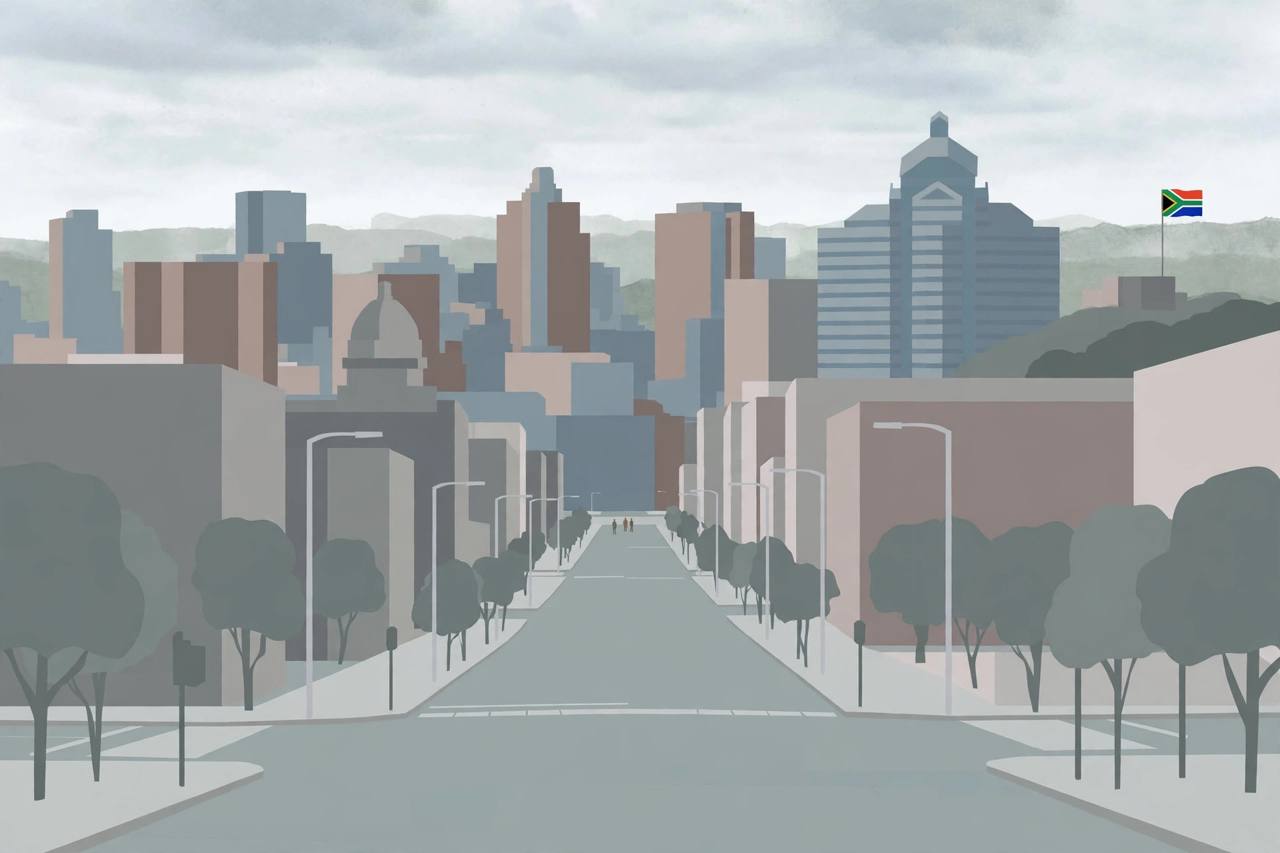 Editorial illustration of Durban city centre skyline, sombre and respectful, no incident depicted