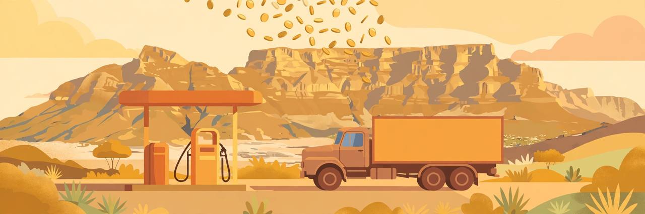 Editorial illustration of a fuel pump, a diesel truck and Table Mountain in Cape Town, South Africa, flat style, no text, no real person depicted