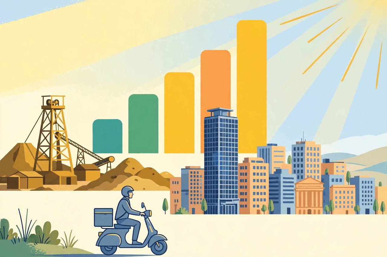 Editorial illustration of a rising bar chart over a generic South African city skyline with a gold mine, a finance tower and a delivery rider