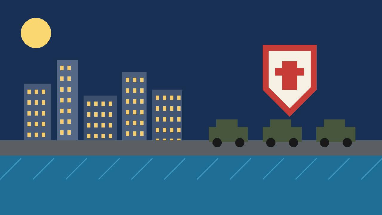 Editorial illustration of a coastal city skyline, a shield emblem and armoured vehicles on a road, no people