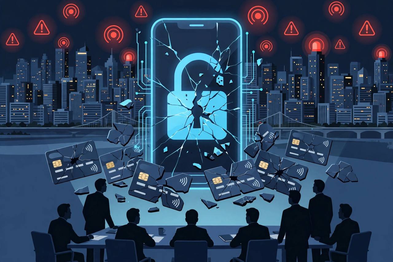 Editorial illustration: a cracked digital padlock over a smartphone and broken bank cards above a Seoul skyline at night, with officials in silhouette at a situation table — no real people depicted