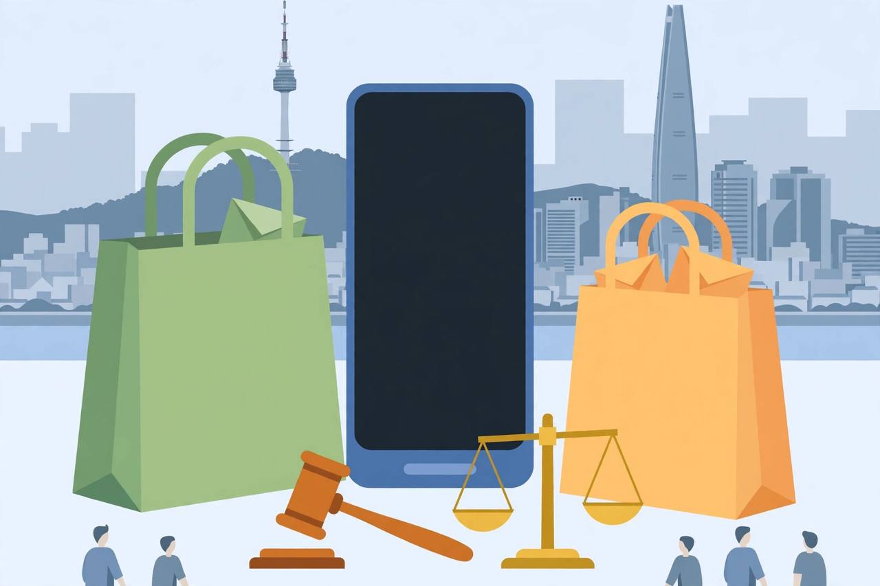 Editorial illustration of a smartphone with generic app-store bags, a regulator gavel and balance scale, and the Seoul skyline