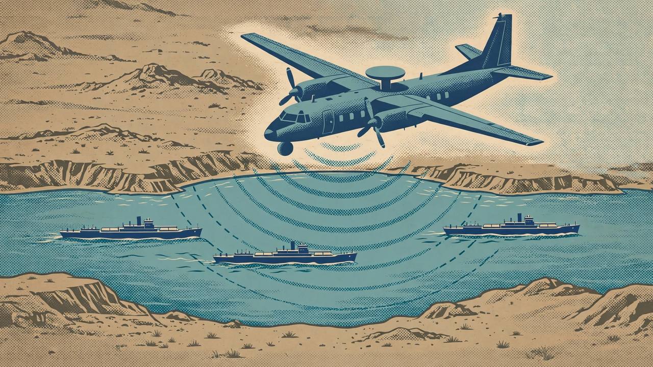 Flat editorial illustration of a generic maritime patrol aircraft flying over a narrow strait with oil tankers below