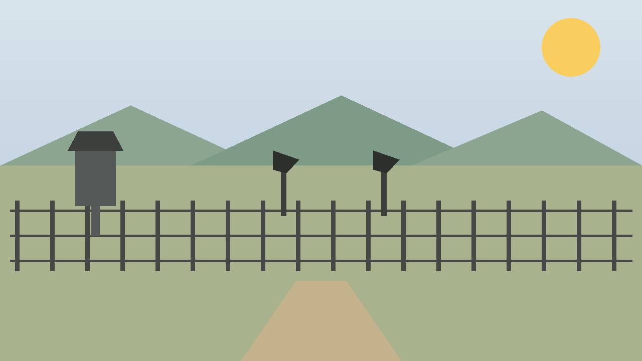 Editorial illustration of a generic border fence, watchtower and loudspeaker poles in hills — no real place or person depicted