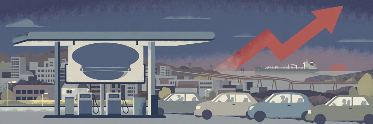 Editorial illustration of a city petrol station under a price cap with an oil tanker in the background as global oil prices rise