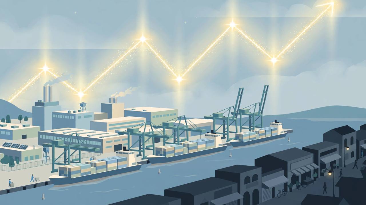 Editorial illustration of a generic South Korean semiconductor factory and cargo port with container ships