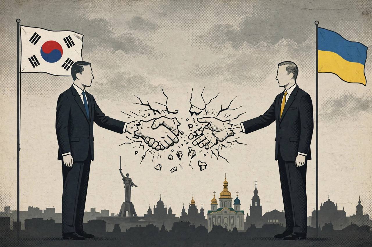 Editorial illustration of two generic diplomats pulling apart between South Korean and Ukrainian flag poles with a Kyiv skyline behind them