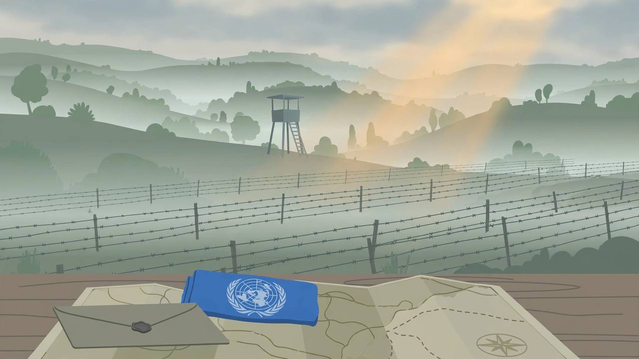 Editorial illustration of a demilitarised border zone at dawn with barbed-wire fences, a watchtower, and a sealed letter beside a UN flag on a map table, flat style, no text, no real person depicted
