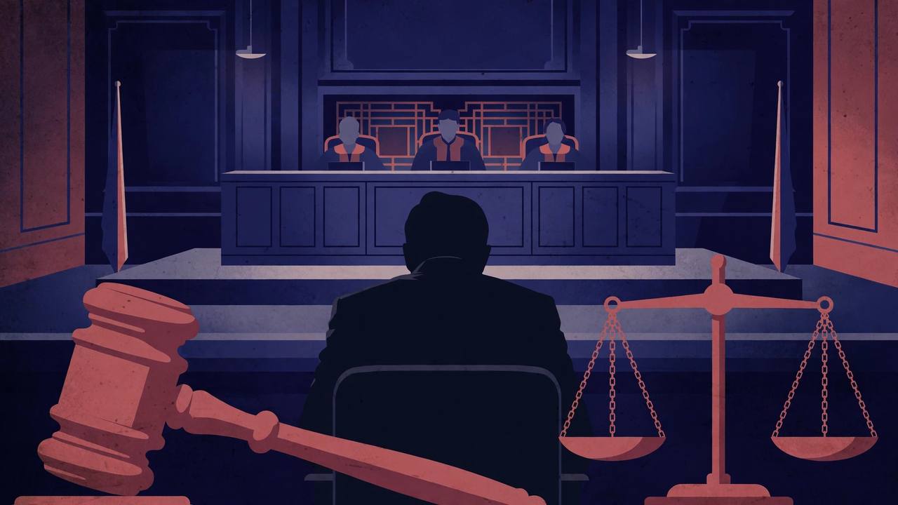 Editorial illustration of a generic defendant silhouette seated before a judges bench in a South Korean courtroom, with a gavel and scales of justice