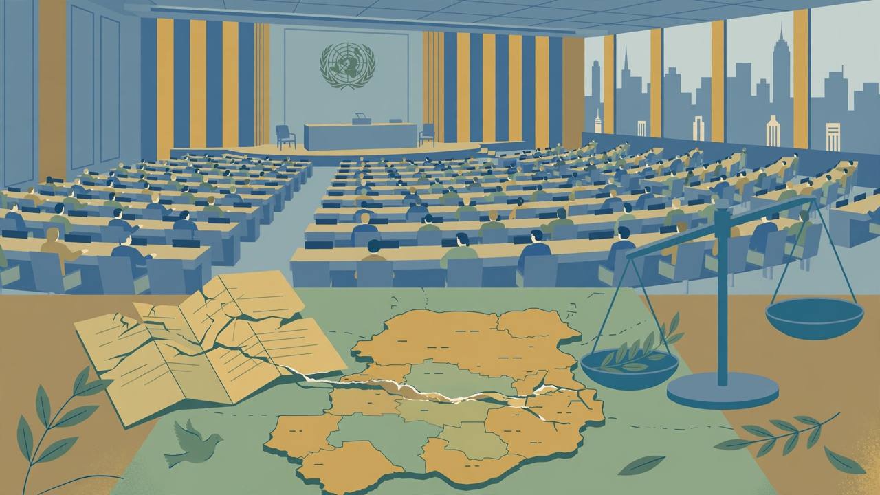 Editorial illustration of a United Nations assembly hall with a stylised map of South Sudan and a cracked peace agreement document