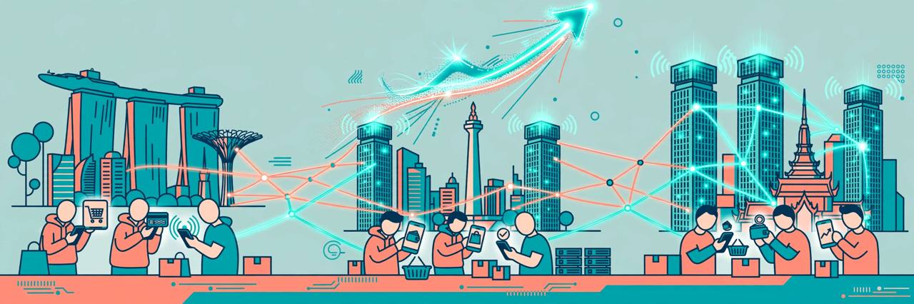 Editorial illustration of generic figures using smartphones for shopping and payments in front of stylised Singapore, Jakarta and Bangkok skylines with data centre towers and glowing network lines, flat editorial style, no text, no real people