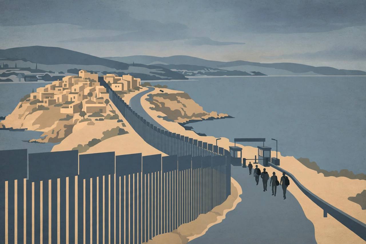 Editorial illustration: a coastal border fence and checkpoint gate at dusk, with generic silhouetted travellers carrying backpacks walking along a road beside the fence