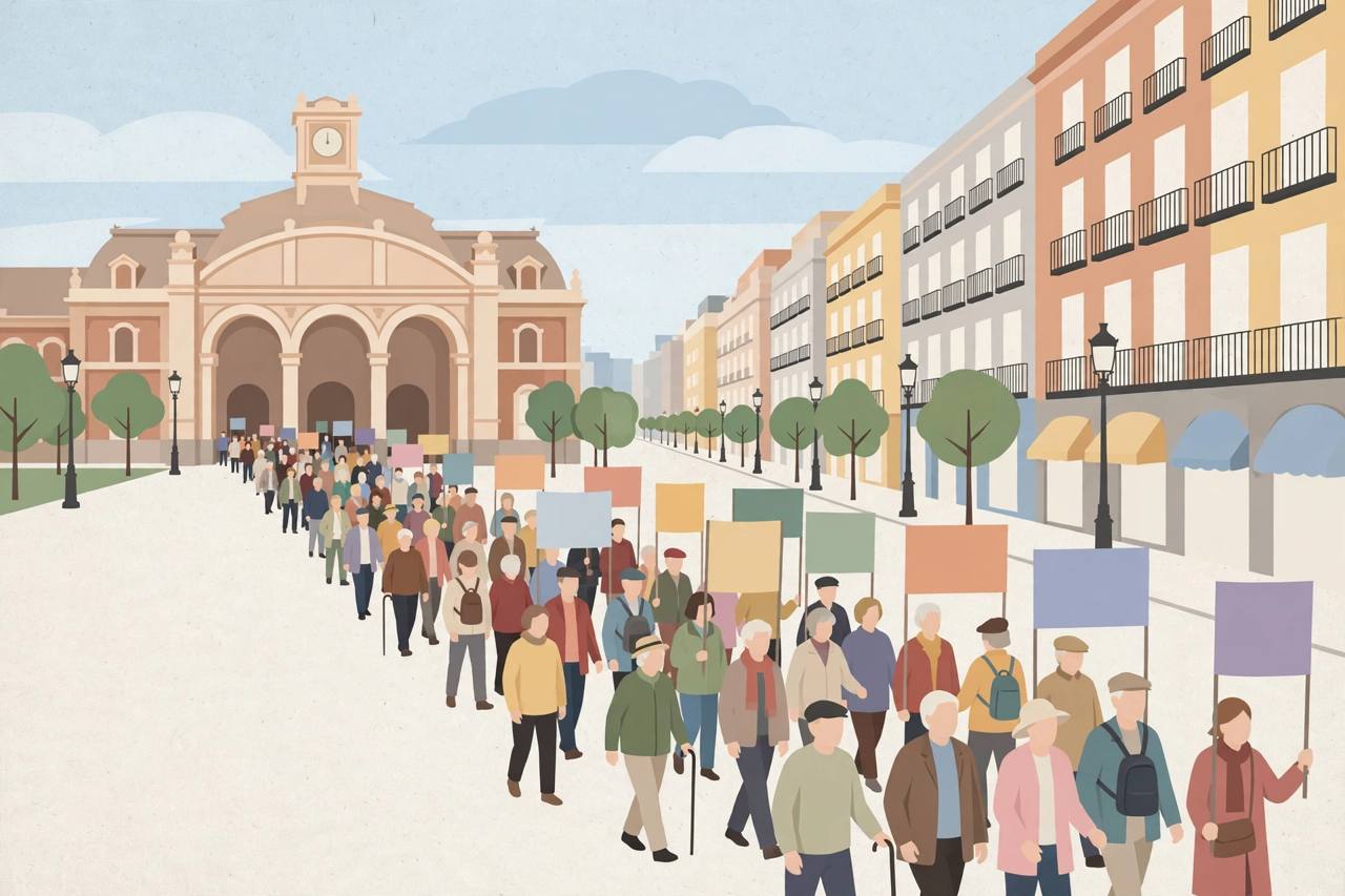 Editorial illustration of a large peaceful march of generic older people and supporters down a wide Madrid avenue, carrying blank coloured banners with no writing