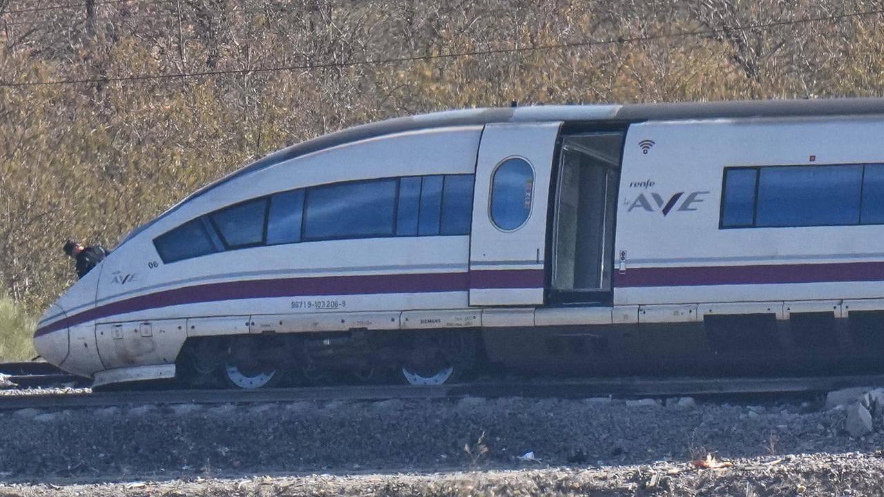 A high-speed train at speed on the Madrid-Seville line in Spain