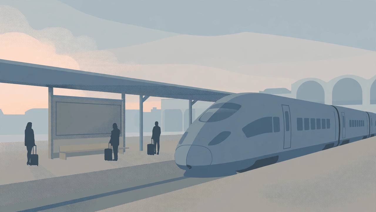Editorial illustration of a high-speed train standing at a quiet station platform while travellers with suitcases wait
