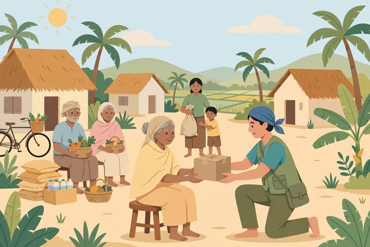 Editorial illustration of Sri Lankan villagers and elderly residents receiving livelihood support and community care in a rural village