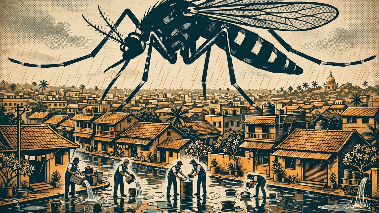 Editorial illustration of a stylised Aedes mosquito over a monsoon-soaked Sri Lankan cityscape with rain puddles, and generic health workers emptying standing water in the distance, no real person's likeness, no victims depicted