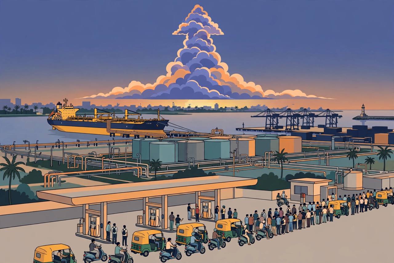 Editorial illustration of an oil tanker unloading fuel at Colombo port with a queue of rickshaws and motorbikes at a petrol station