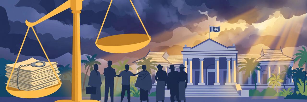 Editorial illustration of a justice scale weighed down by a stack of detention documents and handcuffs, with generic citizens and a lawyer in front of a courthouse — flat style, no real person depicted