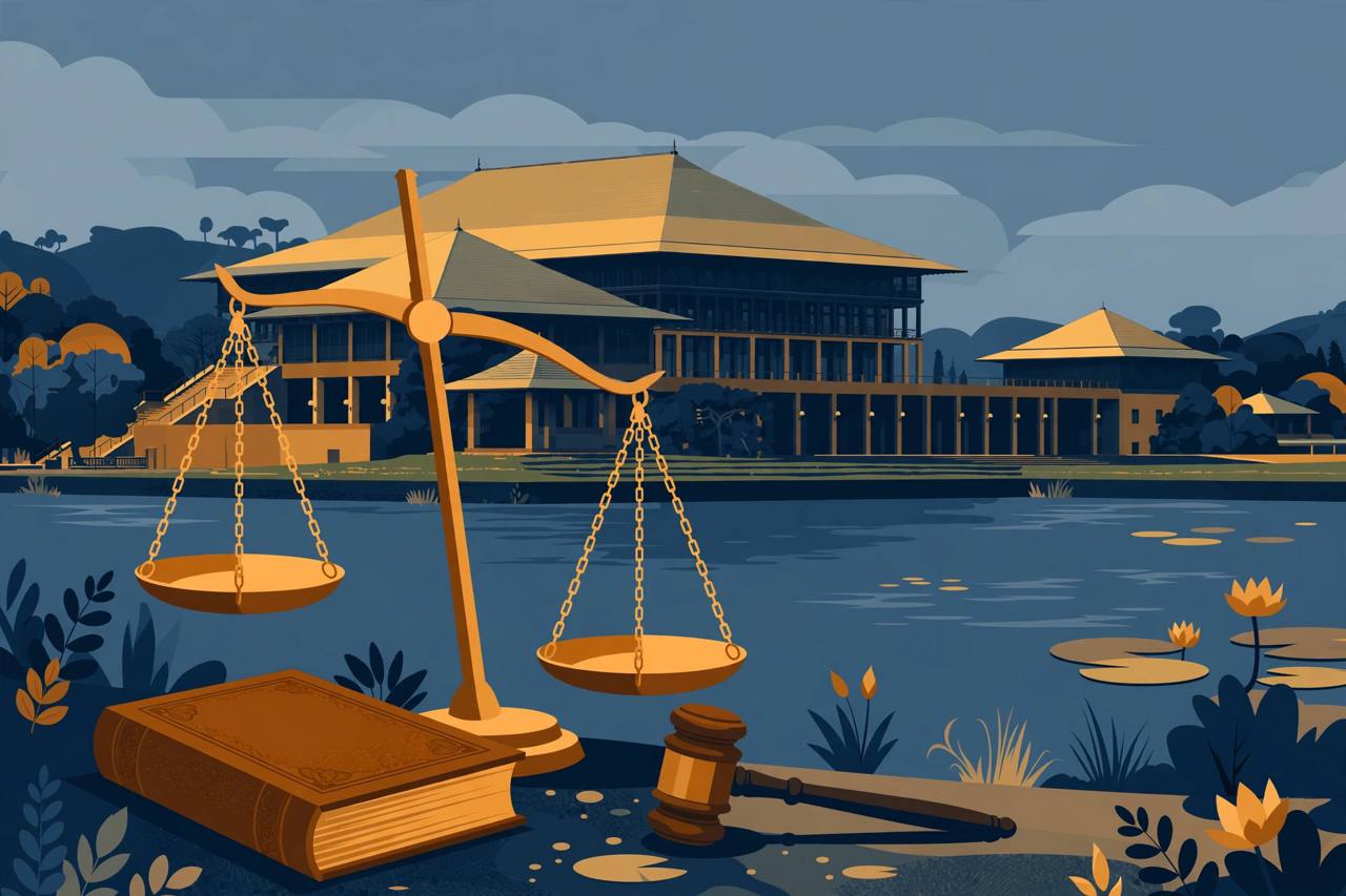 Editorial illustration of the Sri Lanka parliament building with tilted justice scales, a gavel and a law book in the foreground