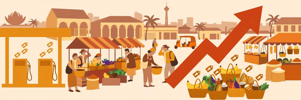 Editorial illustration of a Colombo market with rising price tags on fuel pumps and food stalls and an upward inflation arrow