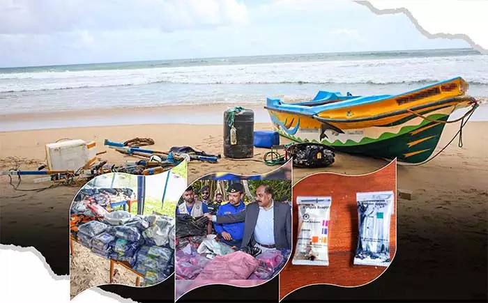 Sri Lanka Navy and Coast Guard personnel with seized sacks and travel bags of narcotics on Naotunna beach, Thalalla