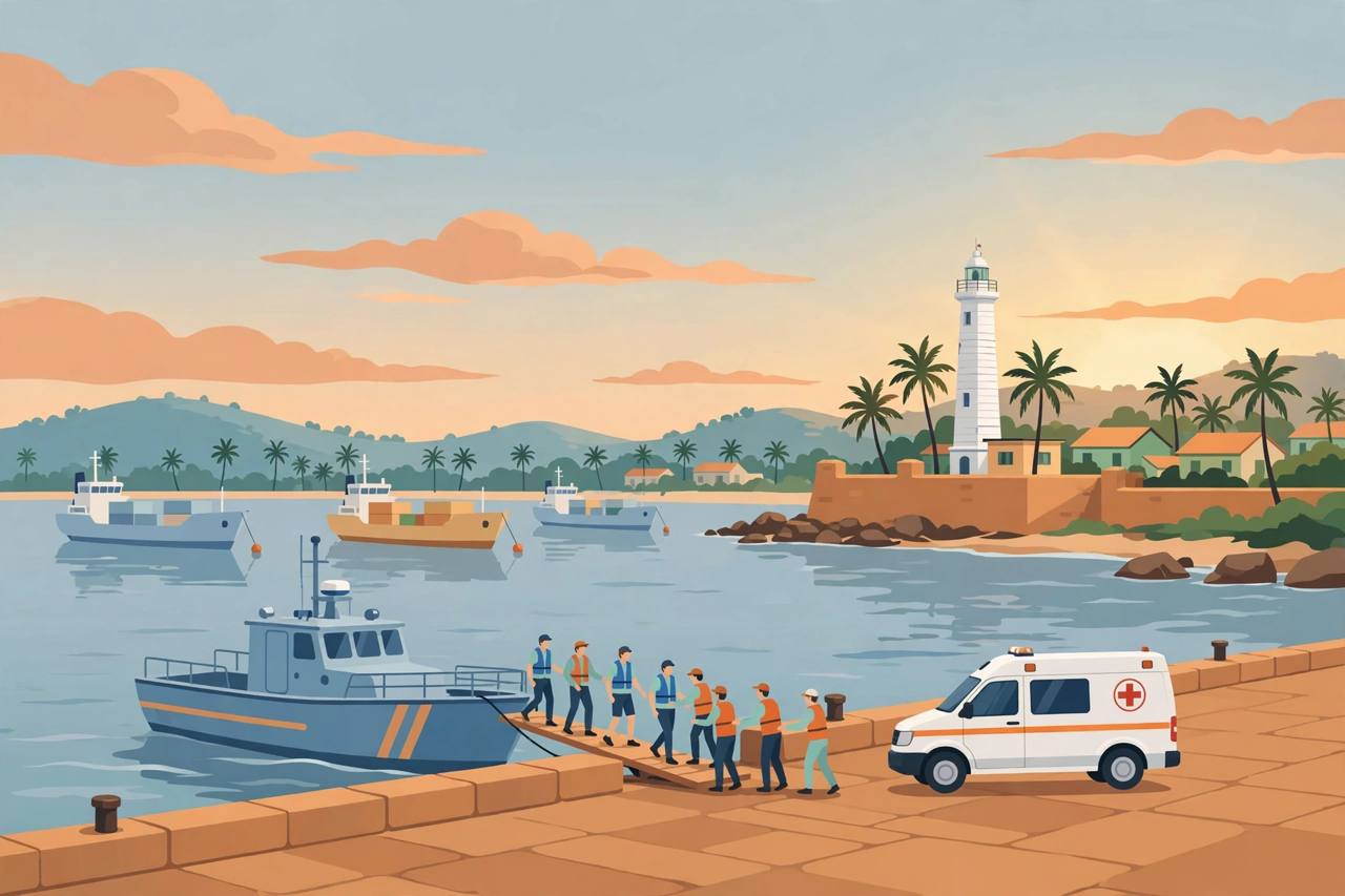 Editorial illustration of a generic coast guard vessel and commercial ships at a harbour at dawn, generic sailors being helped ashore toward an ambulance — flat style, no real person depicted