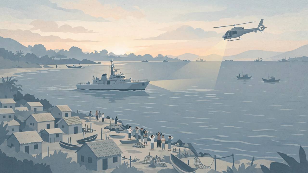 Editorial illustration of a Sri Lanka Navy vessel and helicopter searching the sea at dawn for missing fishing boats